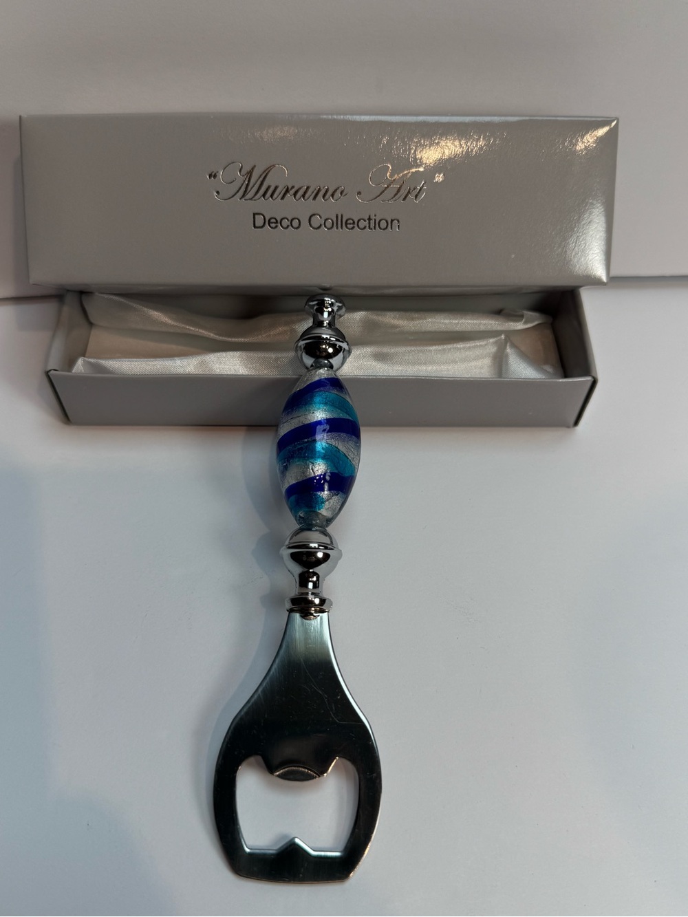 Murano Art Deco Collection Hand Held Bottle Opener Blue Silver With Box